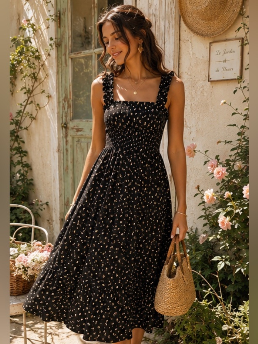 Floral Smocked Midi Dress - Black